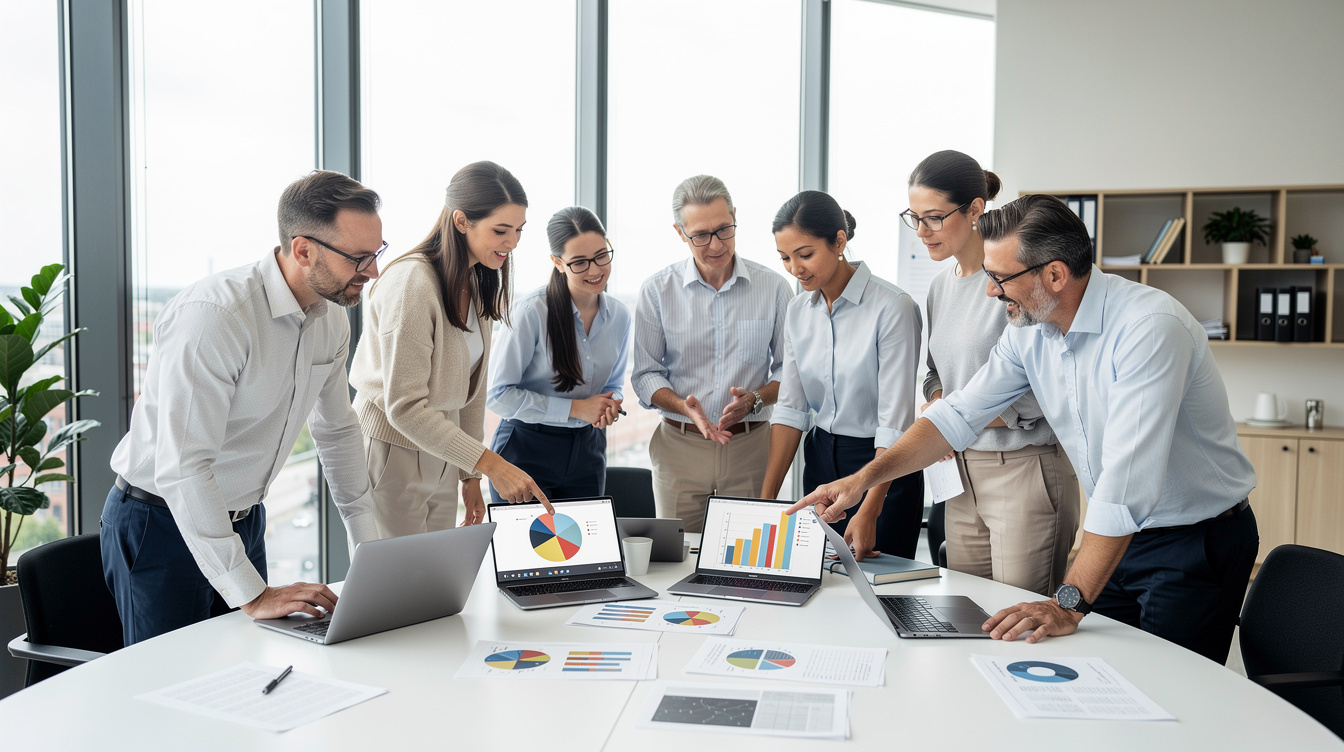 Research team analyzing data on multiple screens in a modern office